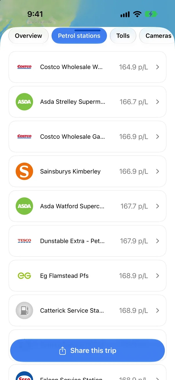 Petrol stations along the route, from 164.9p a litre
