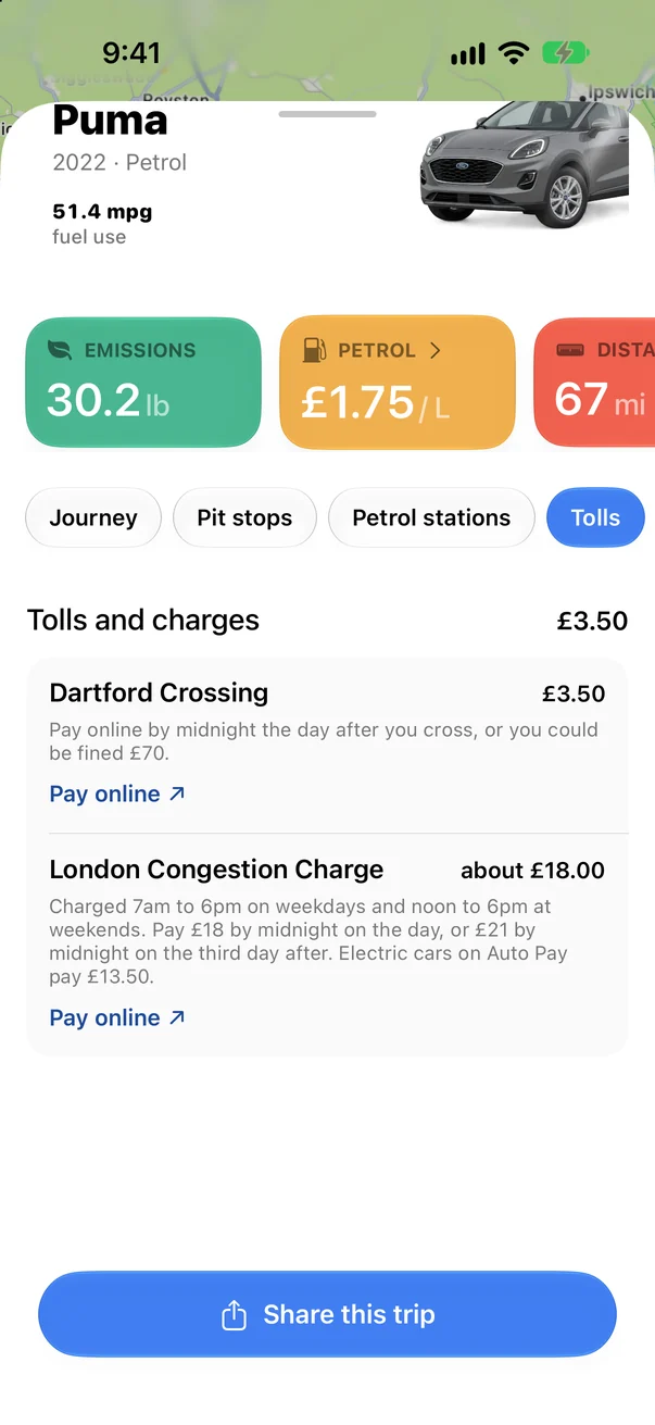 Tolls and charges on the trip: Dartford Crossing £3.50